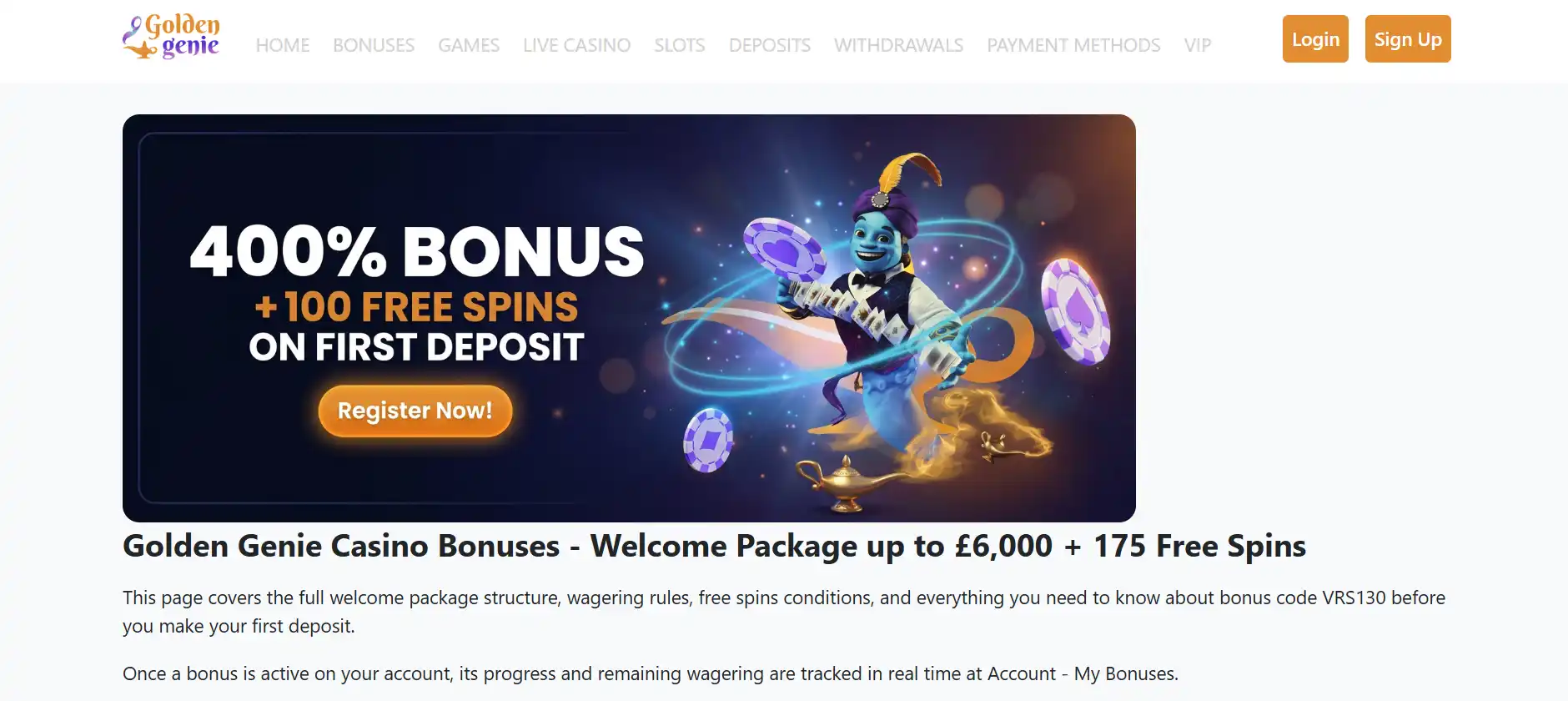 Golden Genie welcome bonus page for UK players