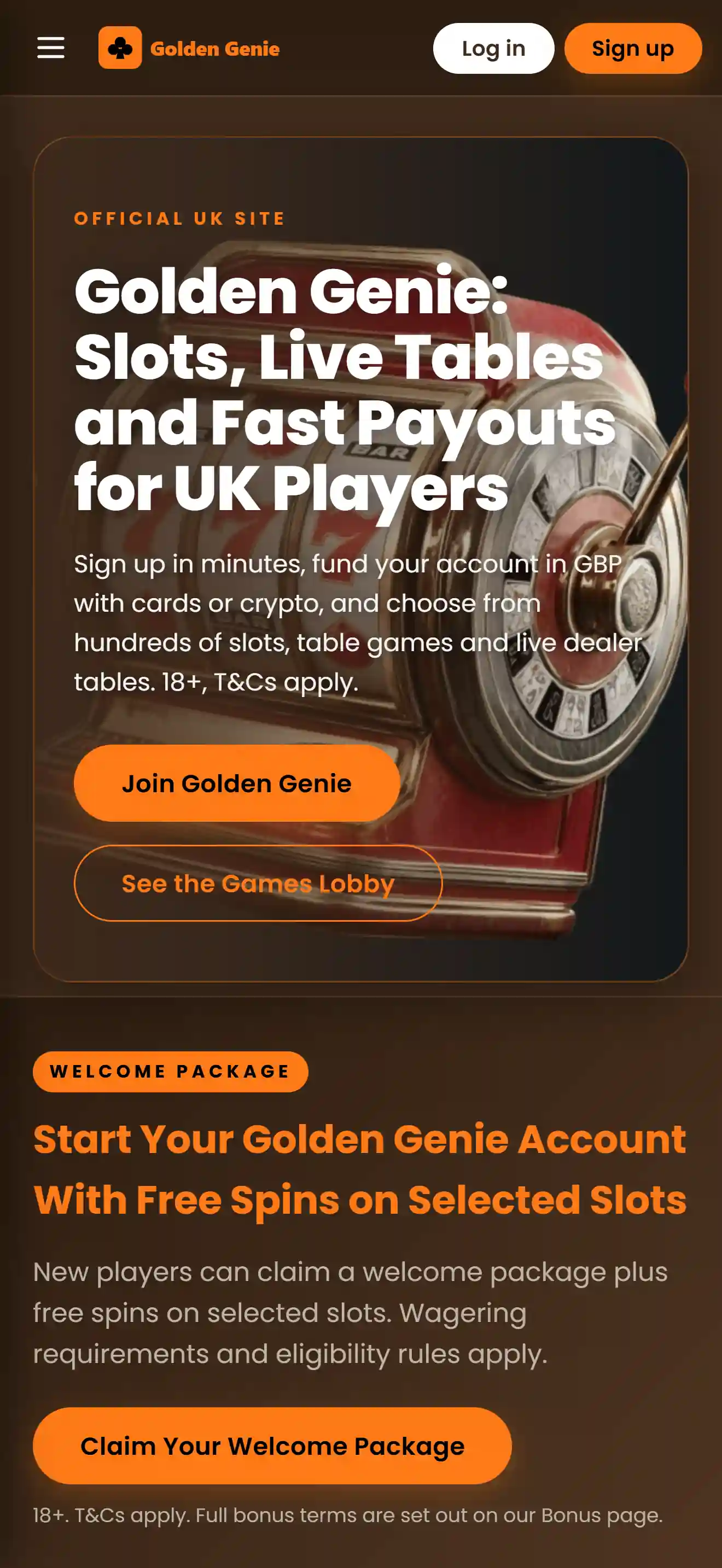 Golden Genie mobile website displayed in a smartphone browser