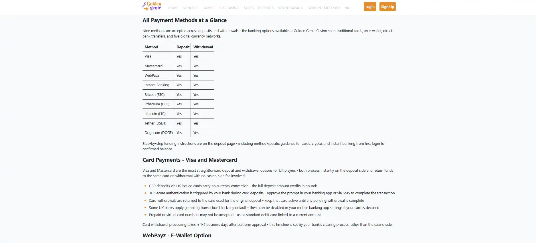 Golden Genie payment methods and cashier overview